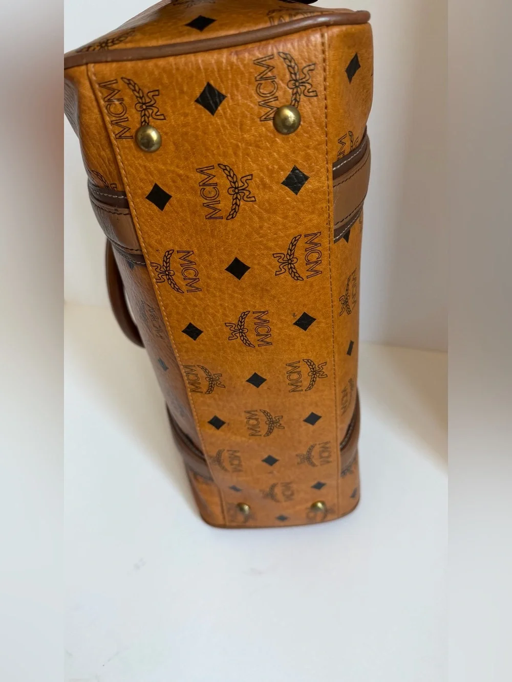 MCM Cognac Monogram Boston Satchel with Brown Trim